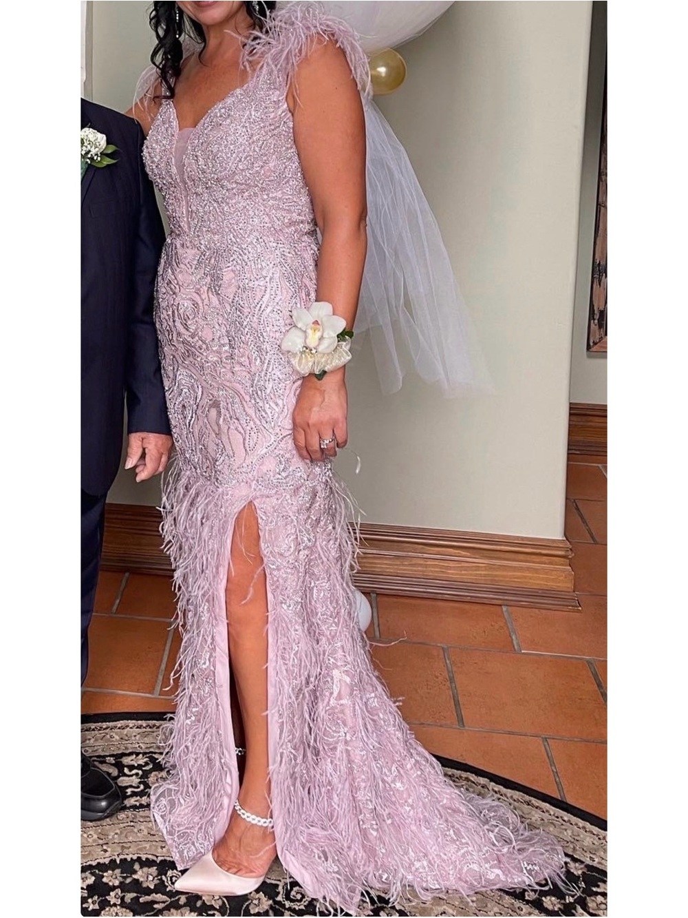 Portia and Scarlett Dusty Pink Feather & Bead Evening Gown